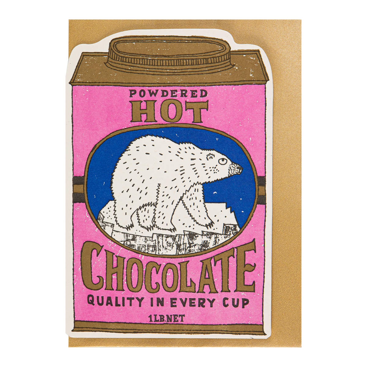 A die-cut card shaped like a hot chocolate carton, shown on a plain tan background. The design has a pink carton face with brown text reading 'Powdered Hot Chocolate' and a central blue oval containing a white polar bear illustration.