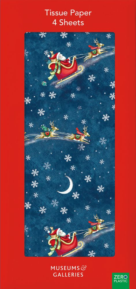 Tissue paper packaging with Santa Claus and reindeer design on a blue background, featuring the Museums & Galleries logo.