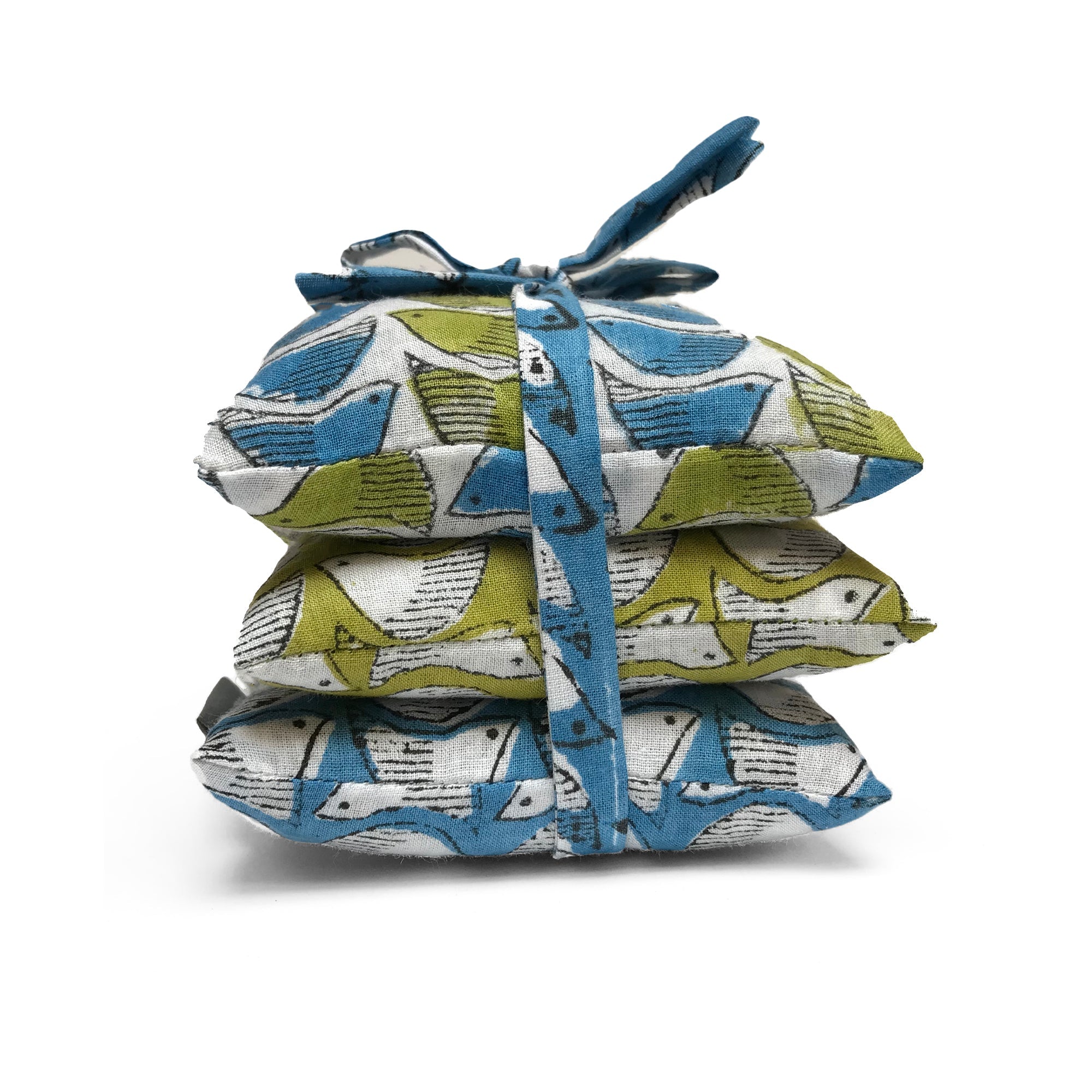Stack of 3 Square Lavender Sachets - Blue and Green Birds
