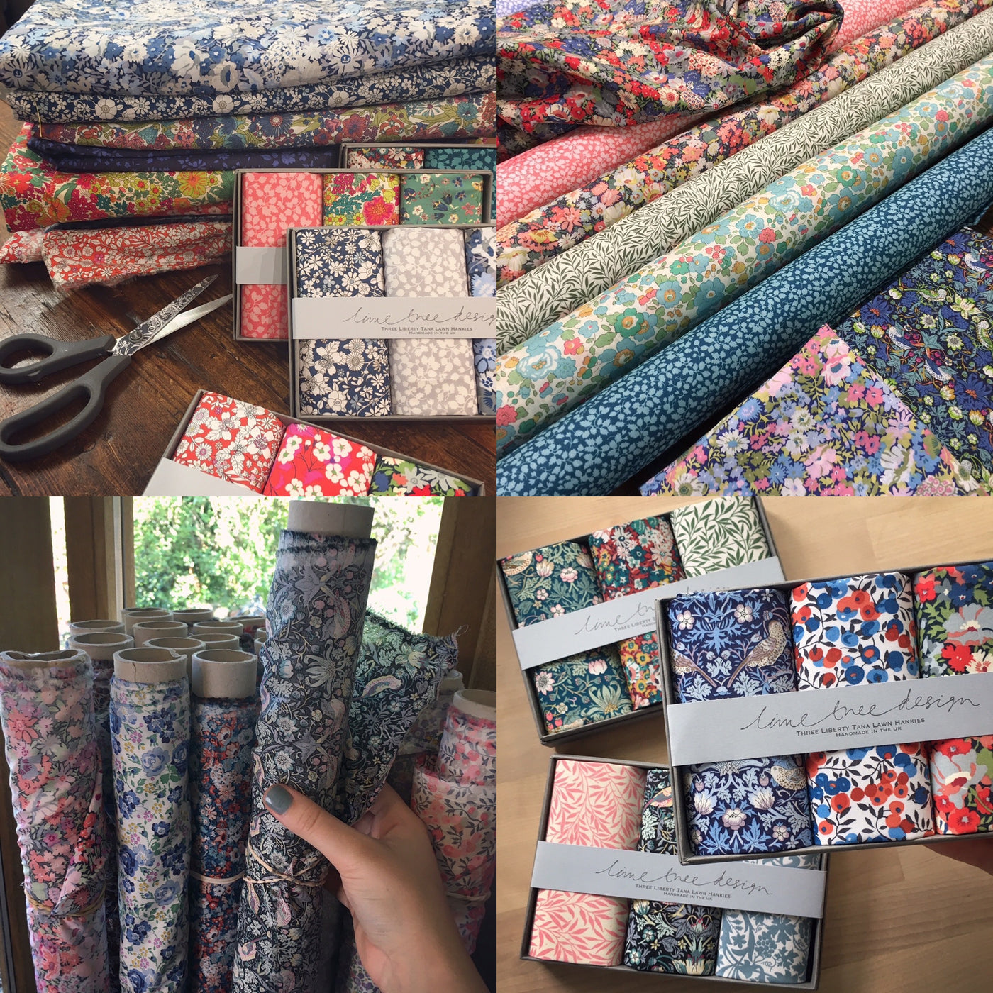 Collage of floral fabric rolls and packaging with 'Lime Tree Design' branding.