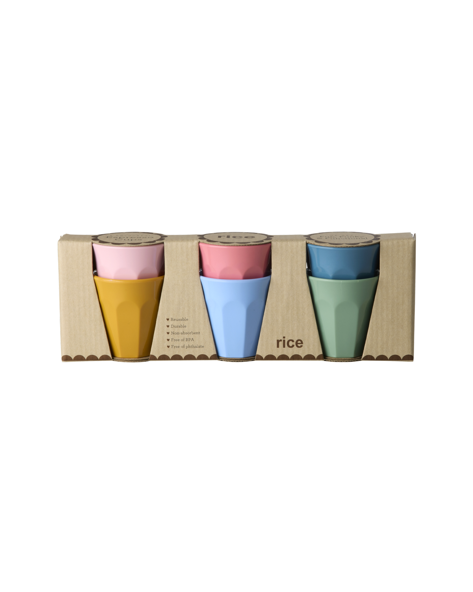 Set of four colorful cups in a cardboard packaging with 'rice' branding on a white background.