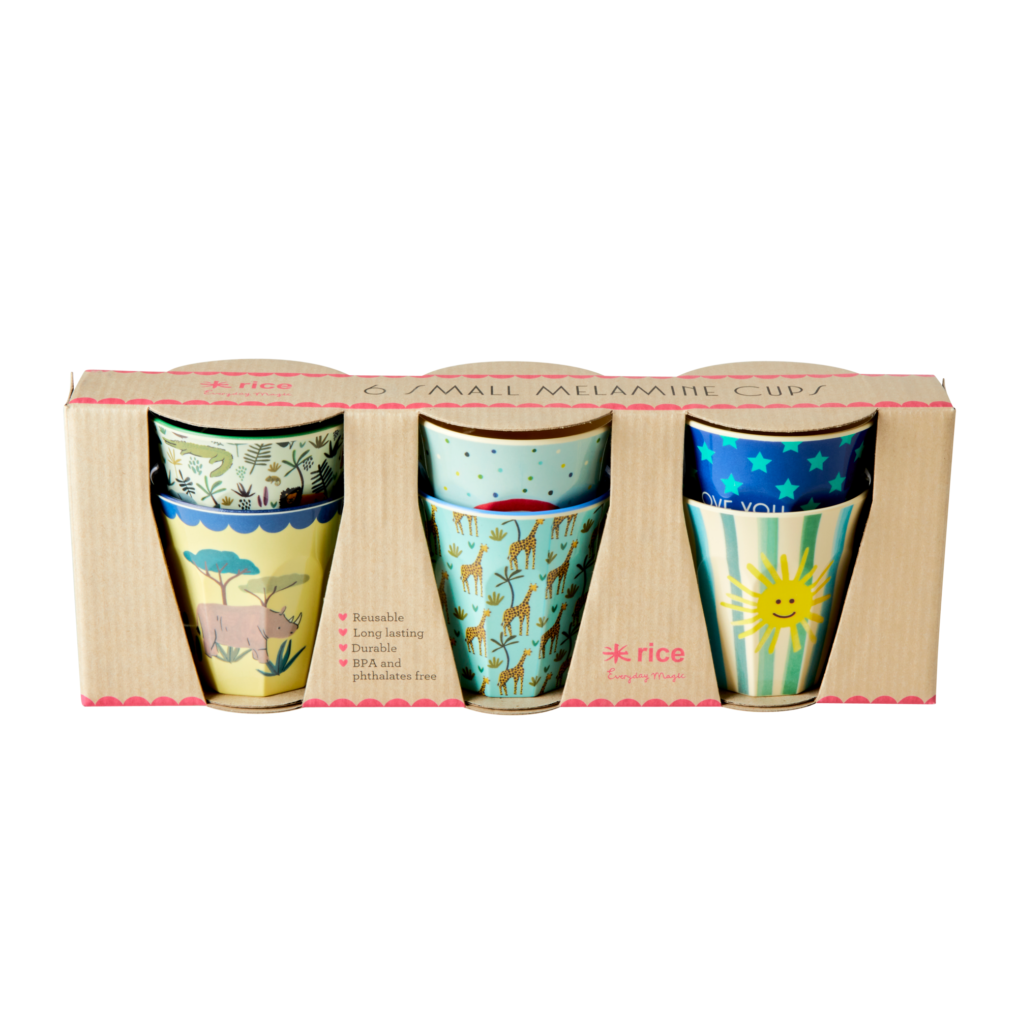 Three colorful ceramic cups in a wooden box with 'rice' branding.