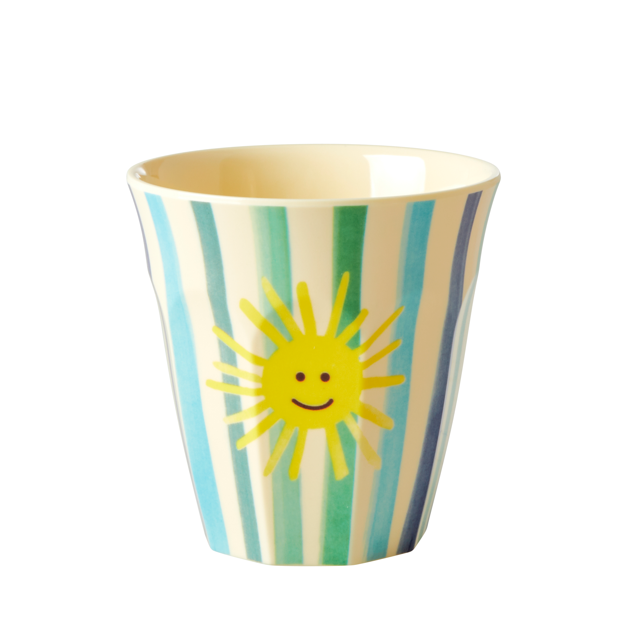 Striped cup with a sun design on a white background