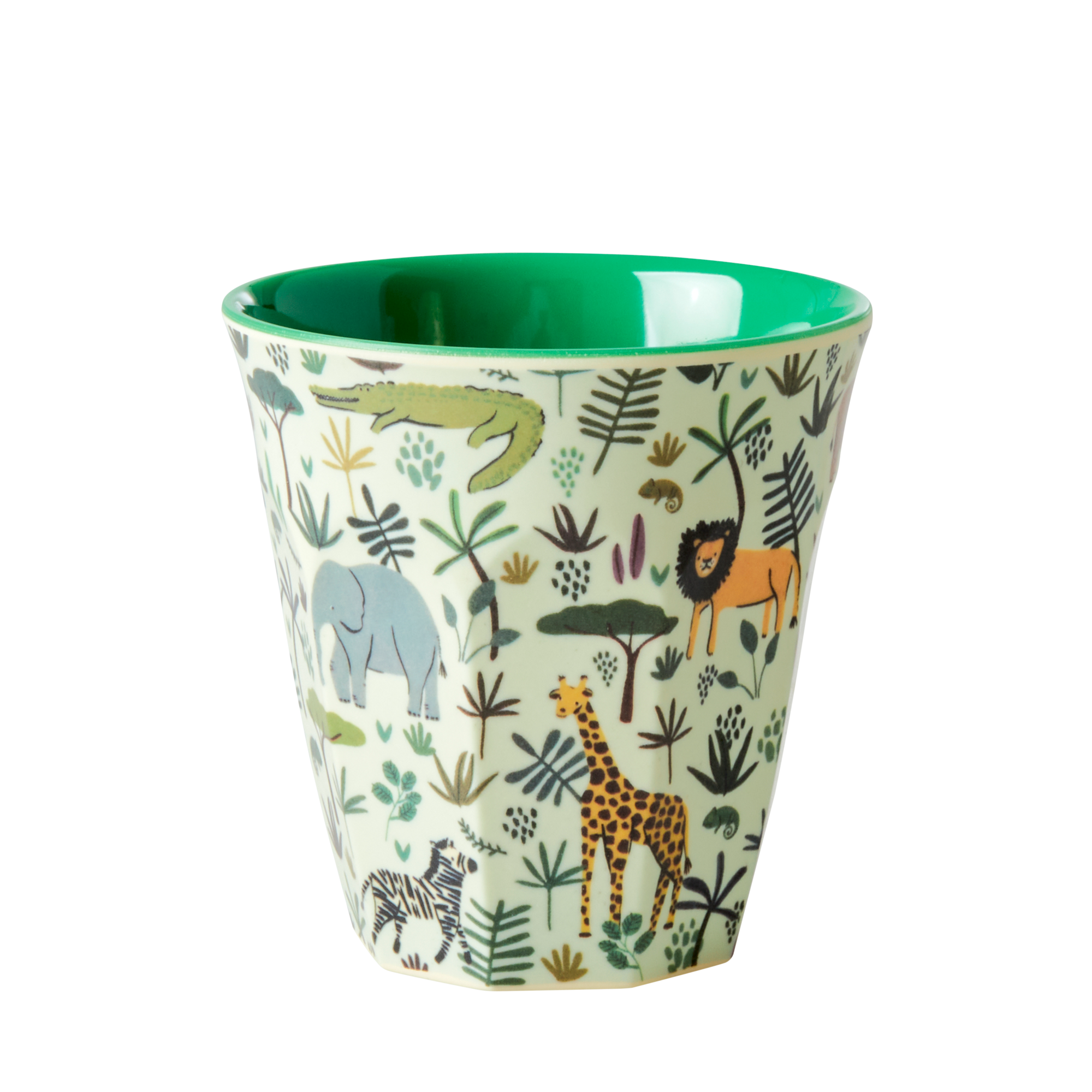 Children's cup with jungle animal pattern on a white background