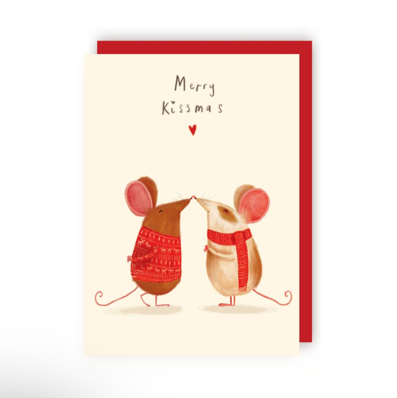 Greetings card reading “Merry Kissmas” in hand-written lettering above two illustrated mice pressing their noses together in a “kiss”. One mouse is brown and wears a red Christmas jumper and the other is white and brown wearing a red scarf around it’s neck.