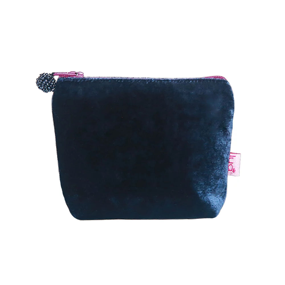 Mini Velvet Purse: Dark Blue with Beaded Pink Zip