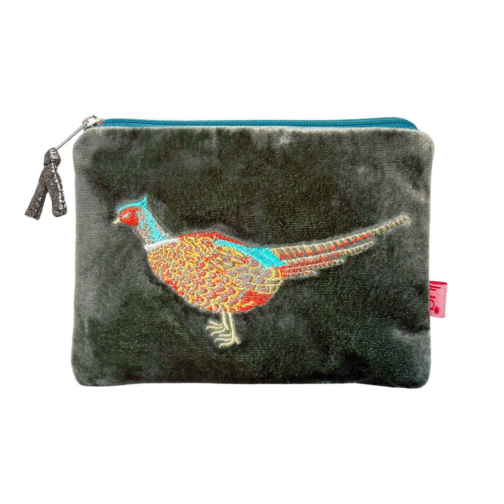 Velvet pouch with a colorful pheasant design on a white background