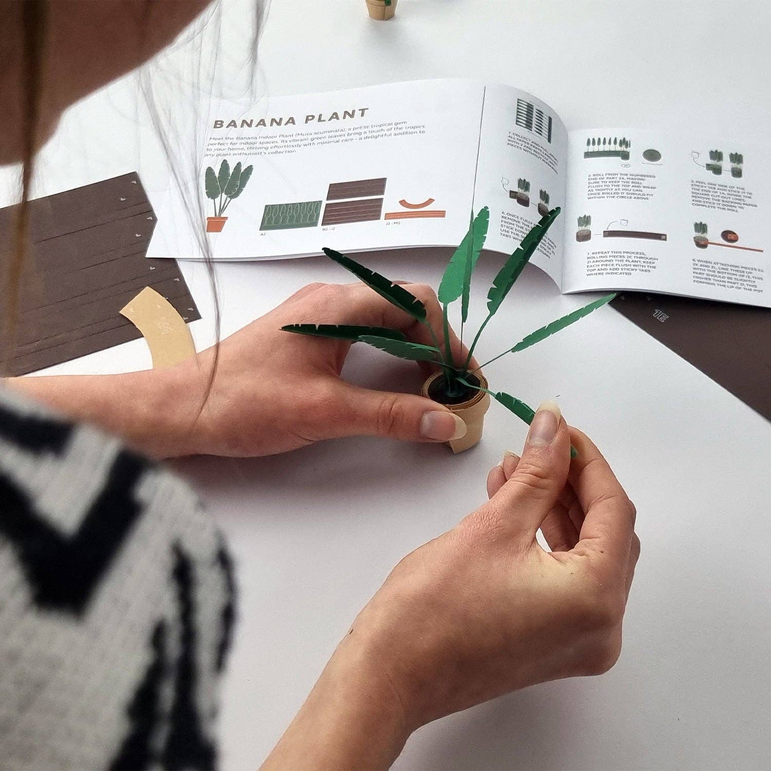 Someone making a paper plant with an instruction leaflet laid out in front of them