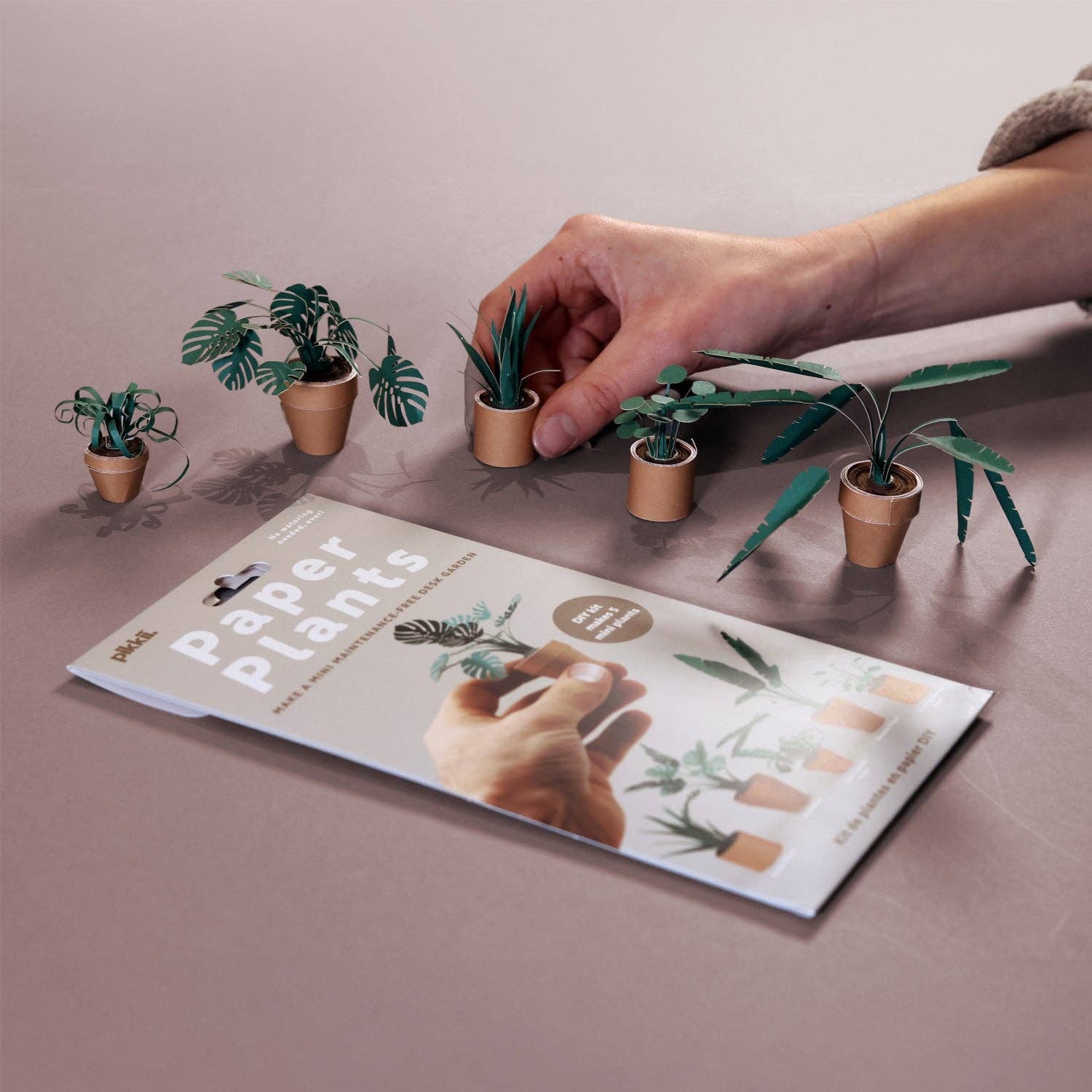 Hand interacting with small potted paper plants on a table next to packaging reading 'Paper Plants', arranged on a light brown background.