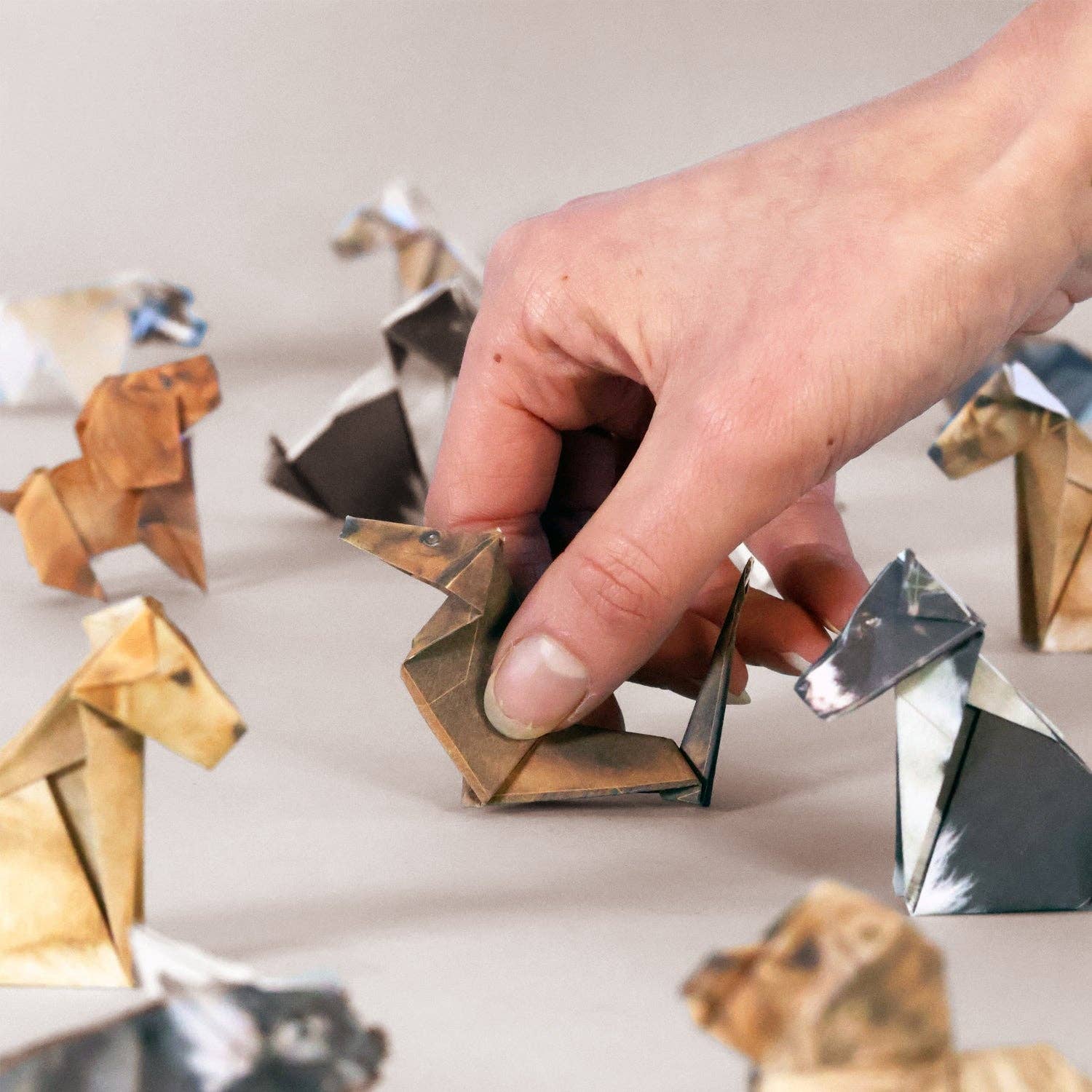 An image of a hand placing a dog into an arrangement of origami dogs on a neutral background.