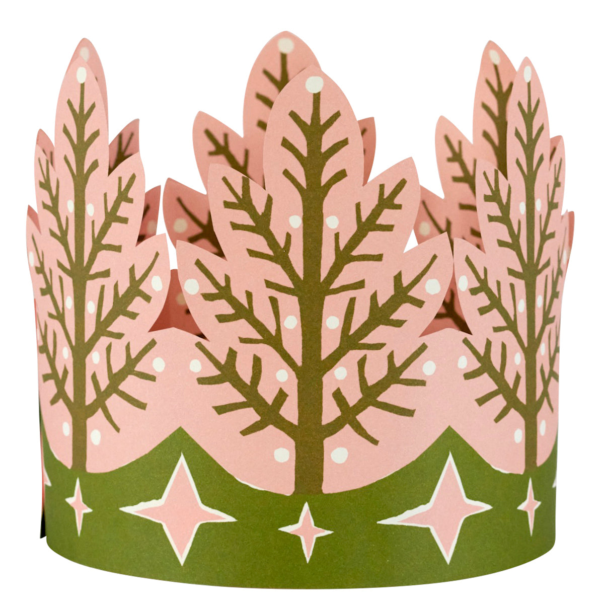 Decorative paper crown with pink and green design on a white background
