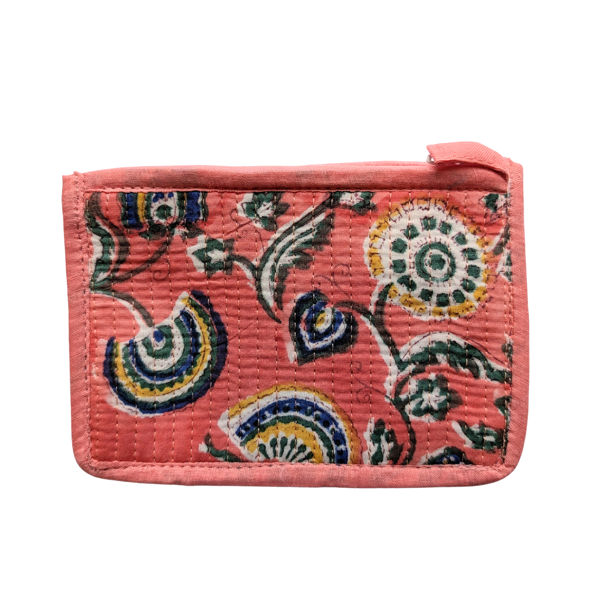 Small pink wallet with floral pattern on a white background