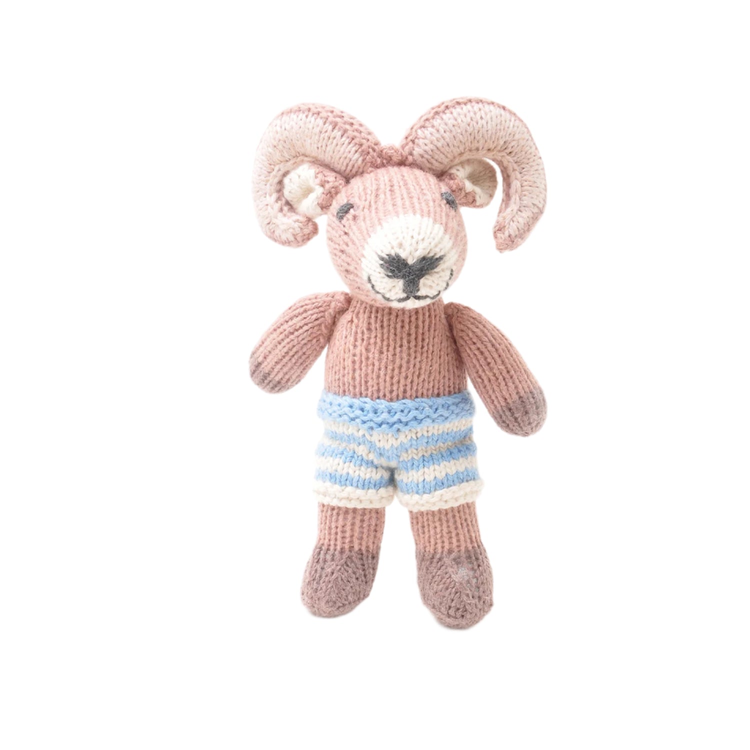Knitted toy ram with a striped diaper on a white background