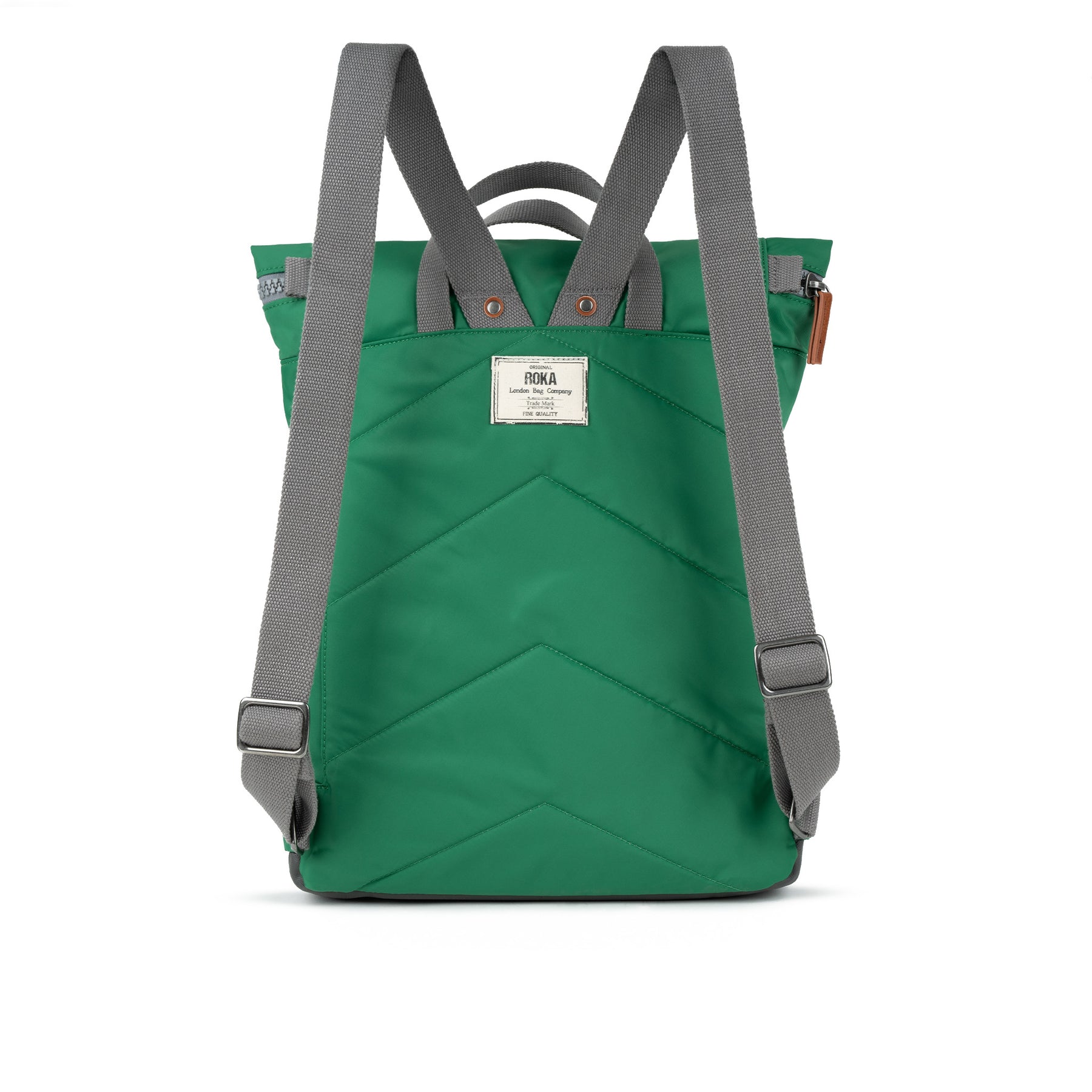 Green backpack with gray straps on a white background