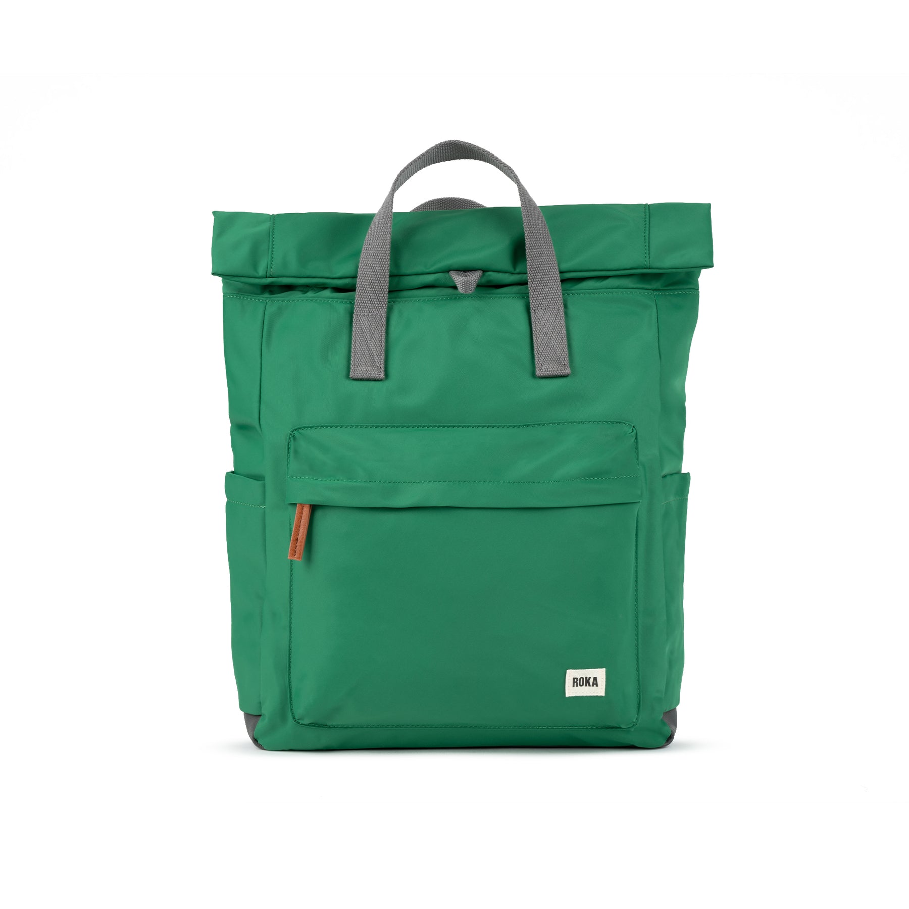 Green backpack with gray straps on a white background