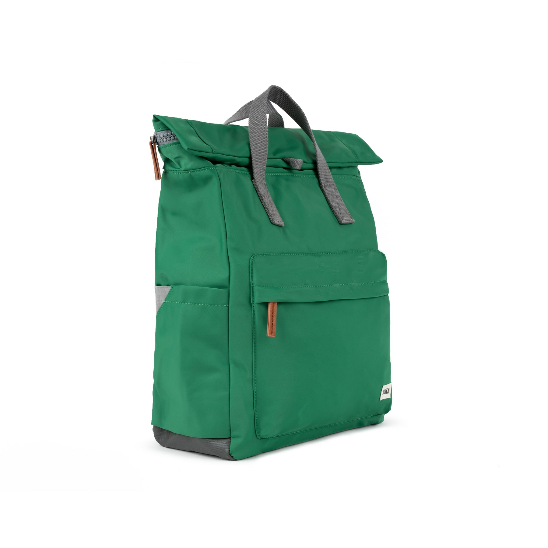 Green backpack with gray straps on a white background