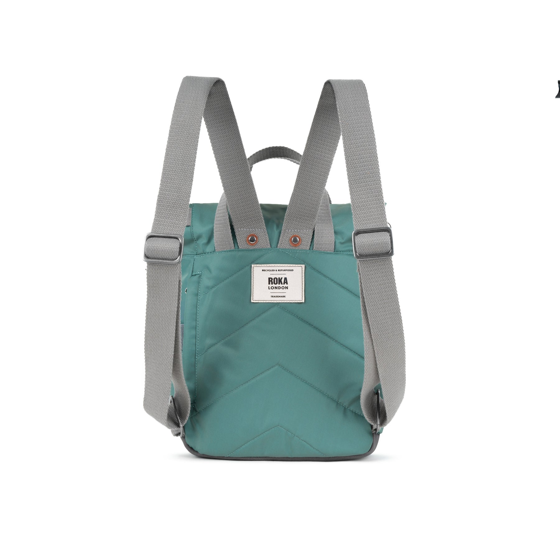 Teal backpack with gray straps on a white background