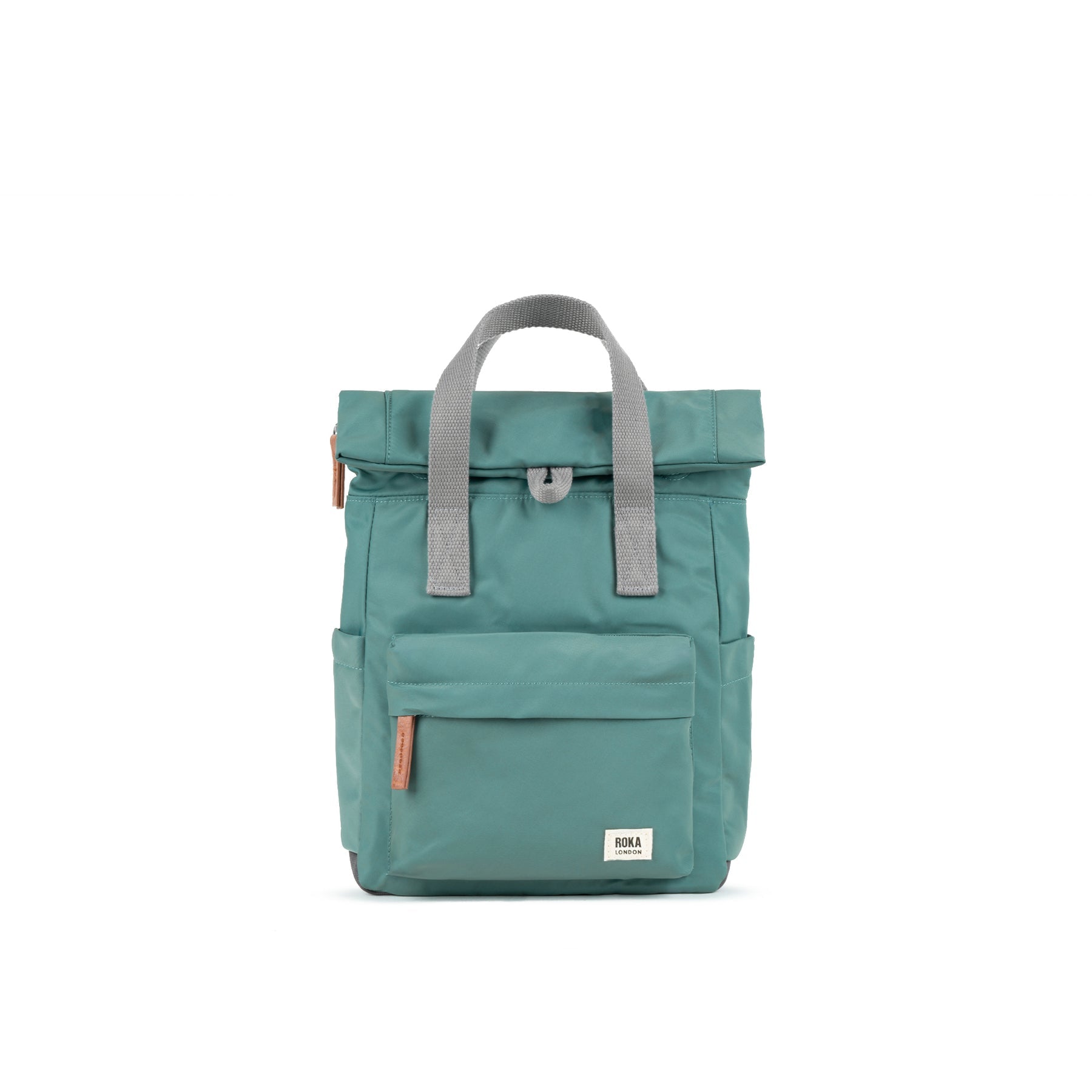 Teal backpack with gray straps on a white background