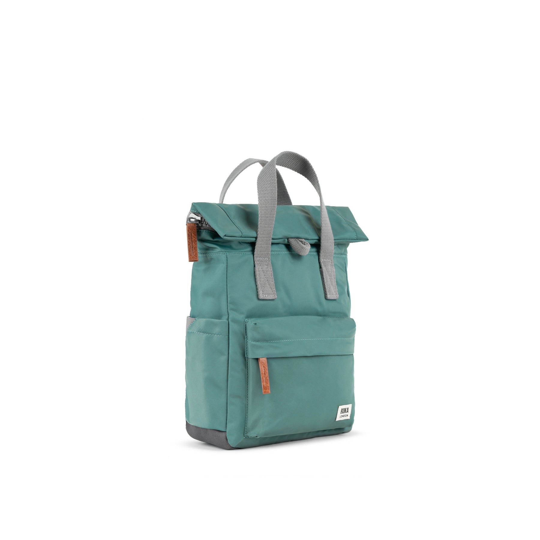 Teal backpack with gray straps on a white background