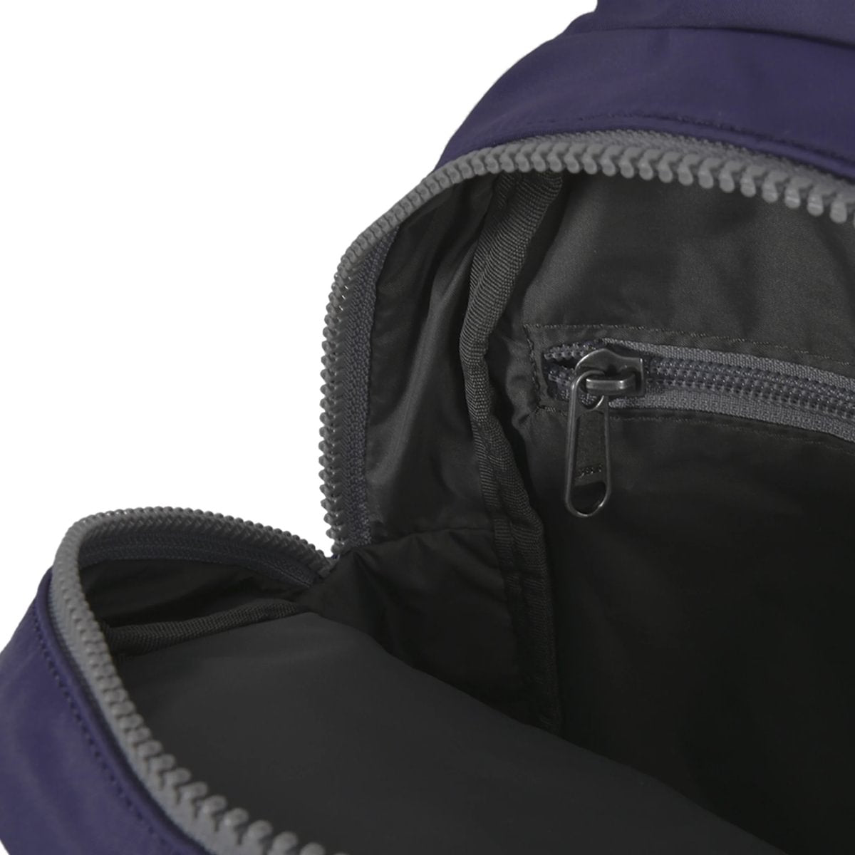 Close-up of a purple and gray backpack zipper on a white background