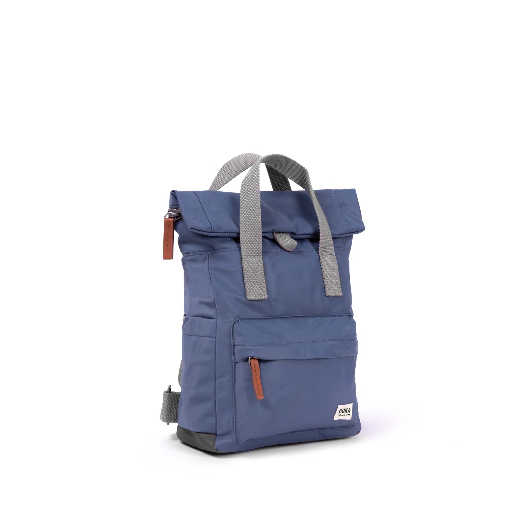 Blue backpack with gray straps on a white background