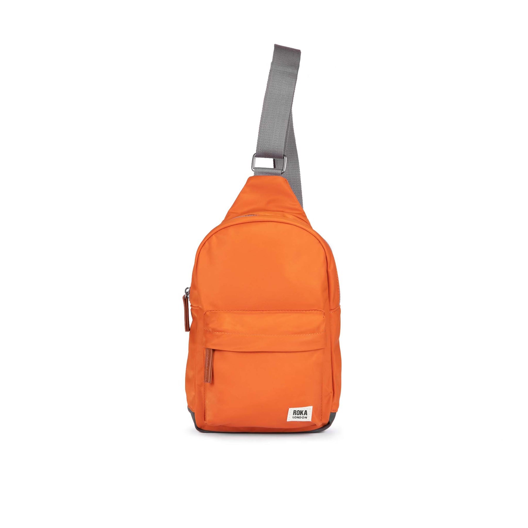 Orange sling bag with a gray strap on a white background