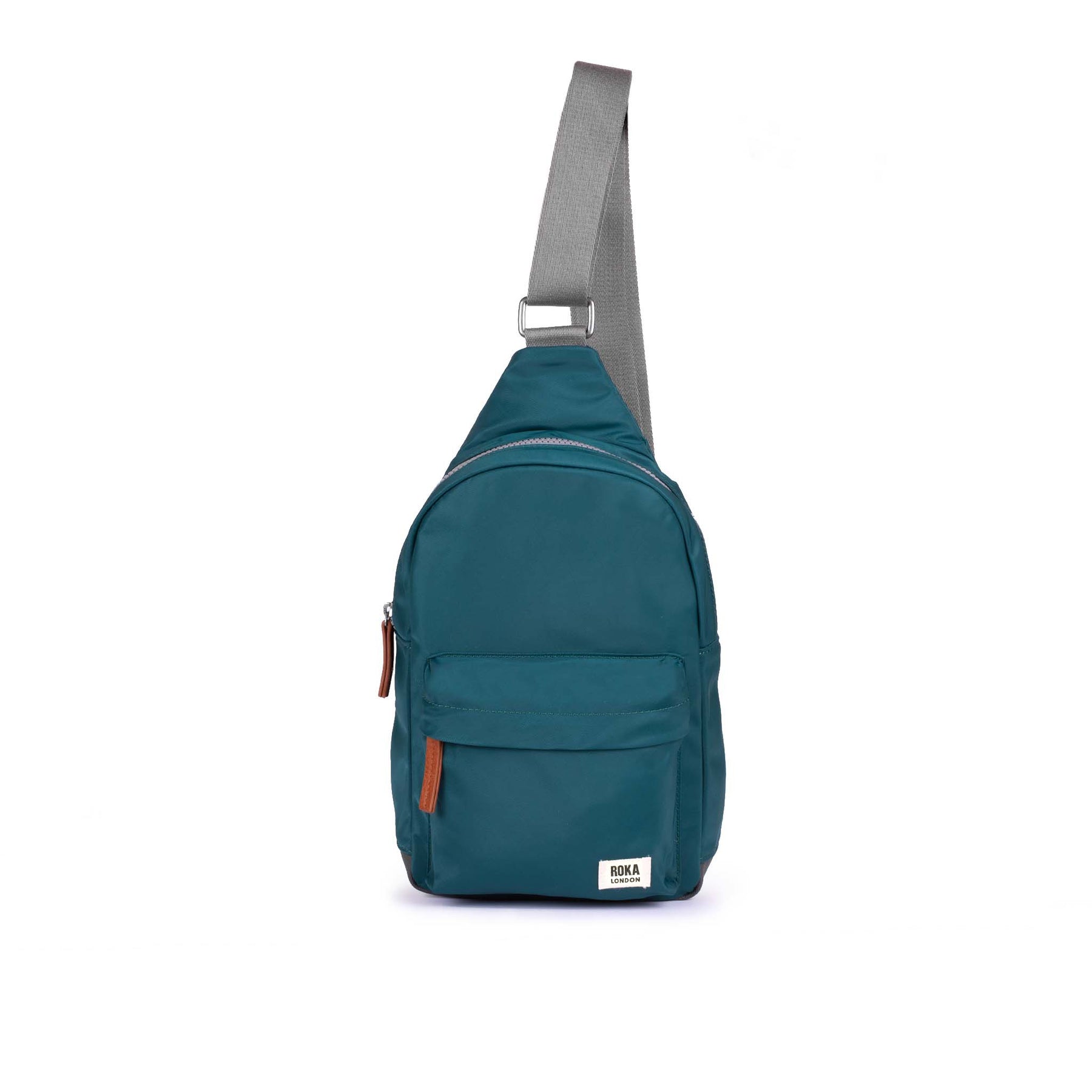 Teal sling bag with gray strap on a white background