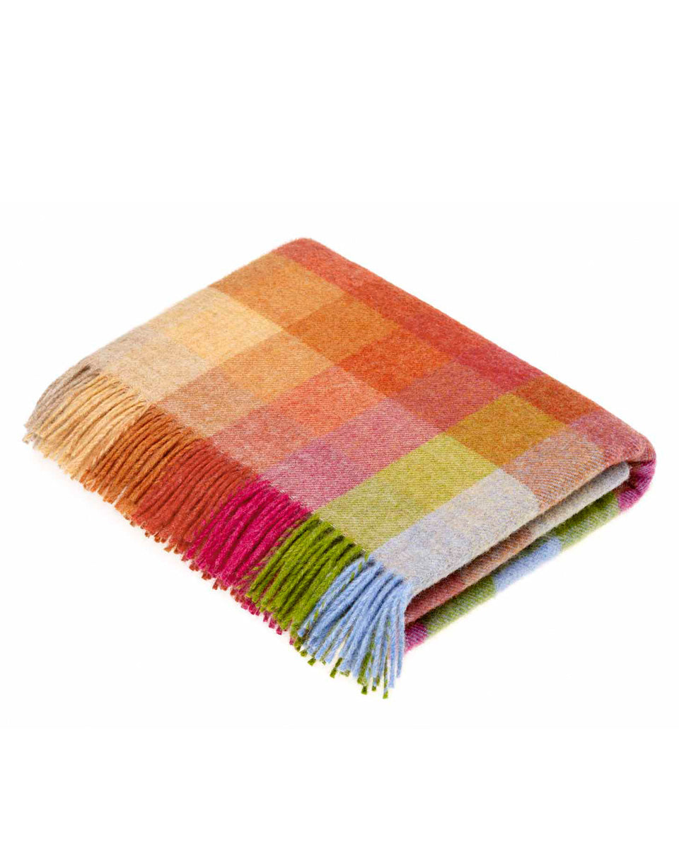 Colorful checkered blanket with fringes on a white background