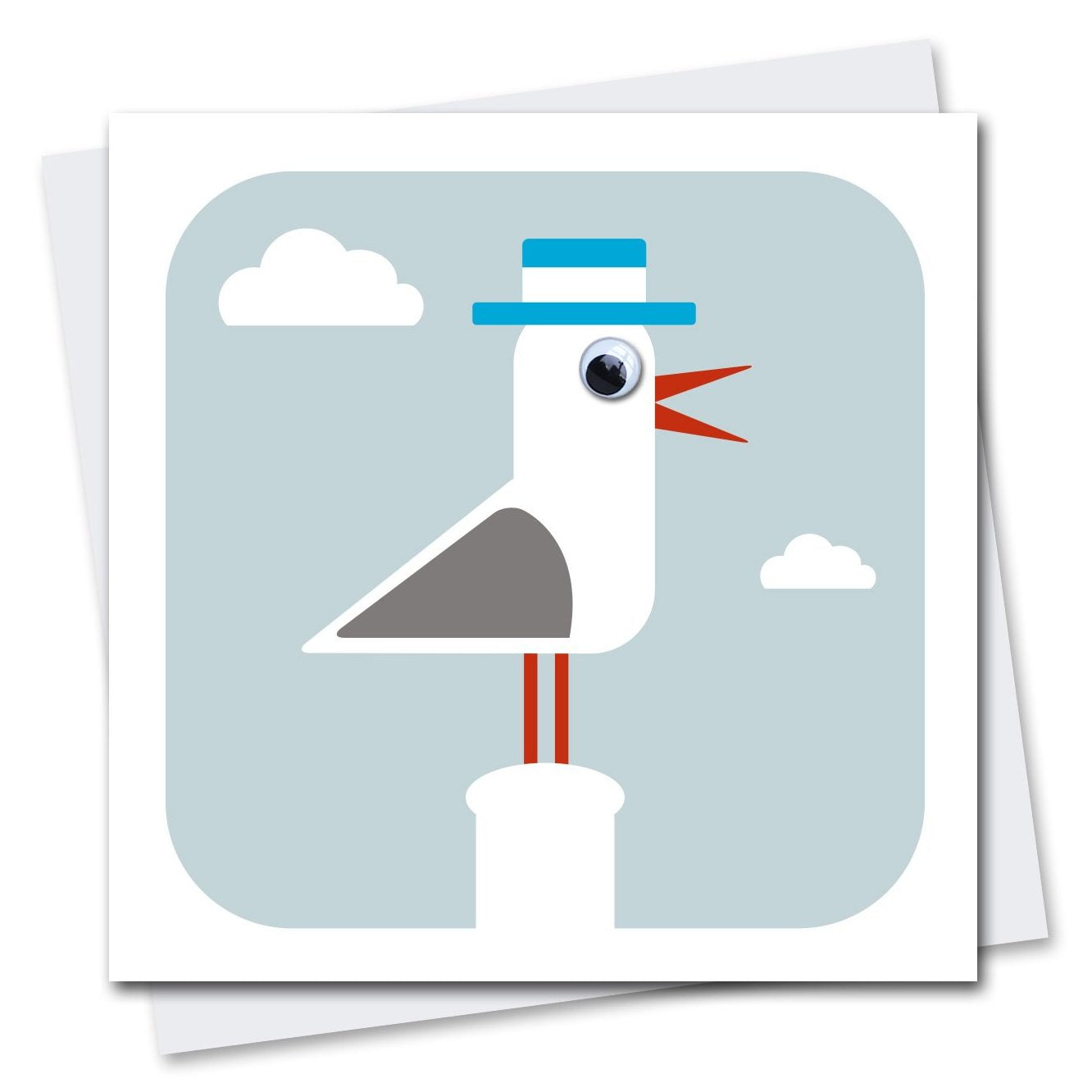 Greetings card featuring an illustrated seagull wearing a blue hat and a googly eye. With a blue-grey cloudy background and white border. Shown with envelope.