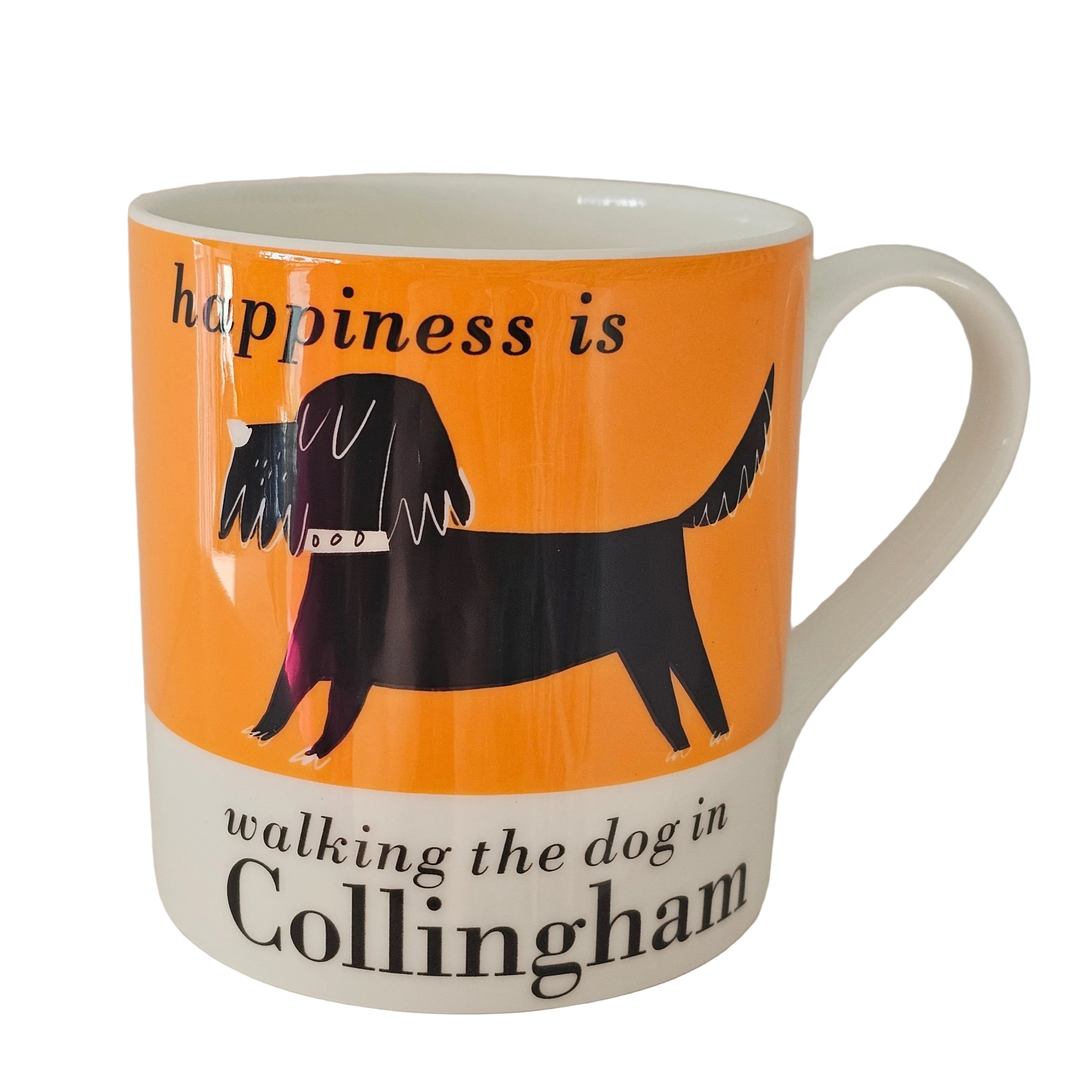 Mug with a dog illustration and text on an orange background