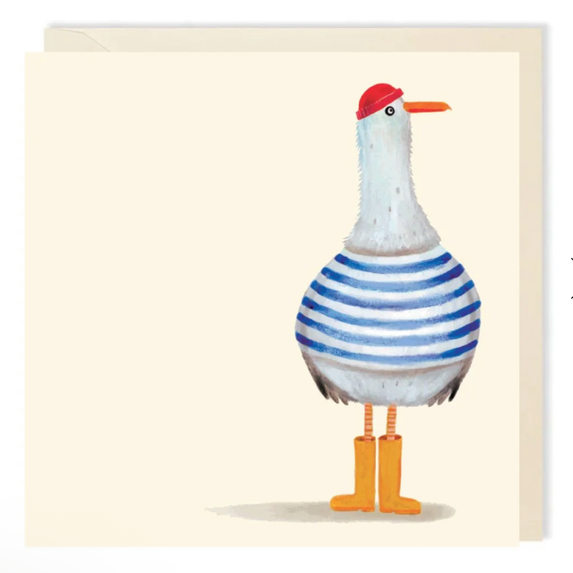 Illustrated card featuring a seagull wearing yellow wellington boots, a blue and white striped breton top and a red hat.