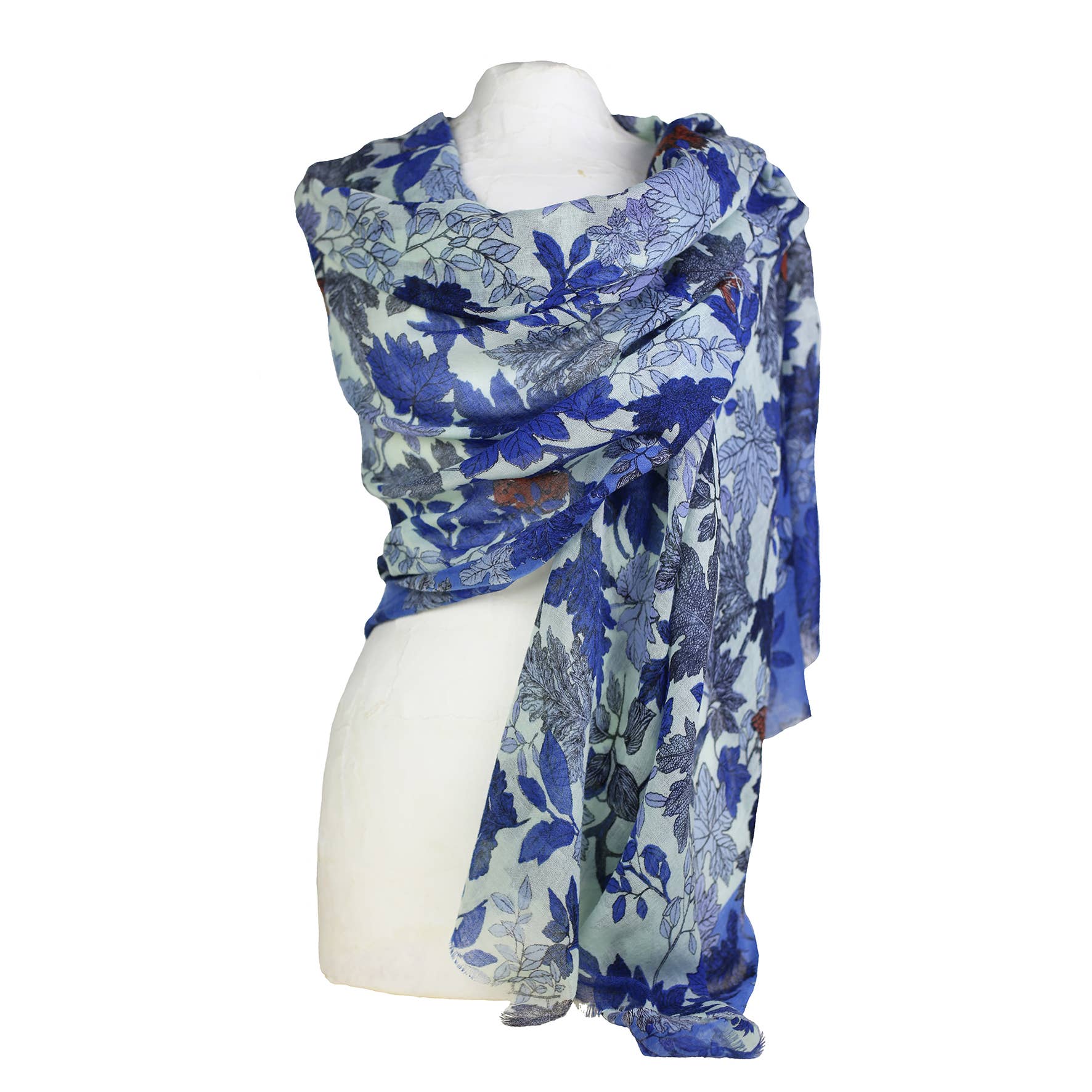 Sherwood wool stole with squirrel, owl, tree pattern: Blue