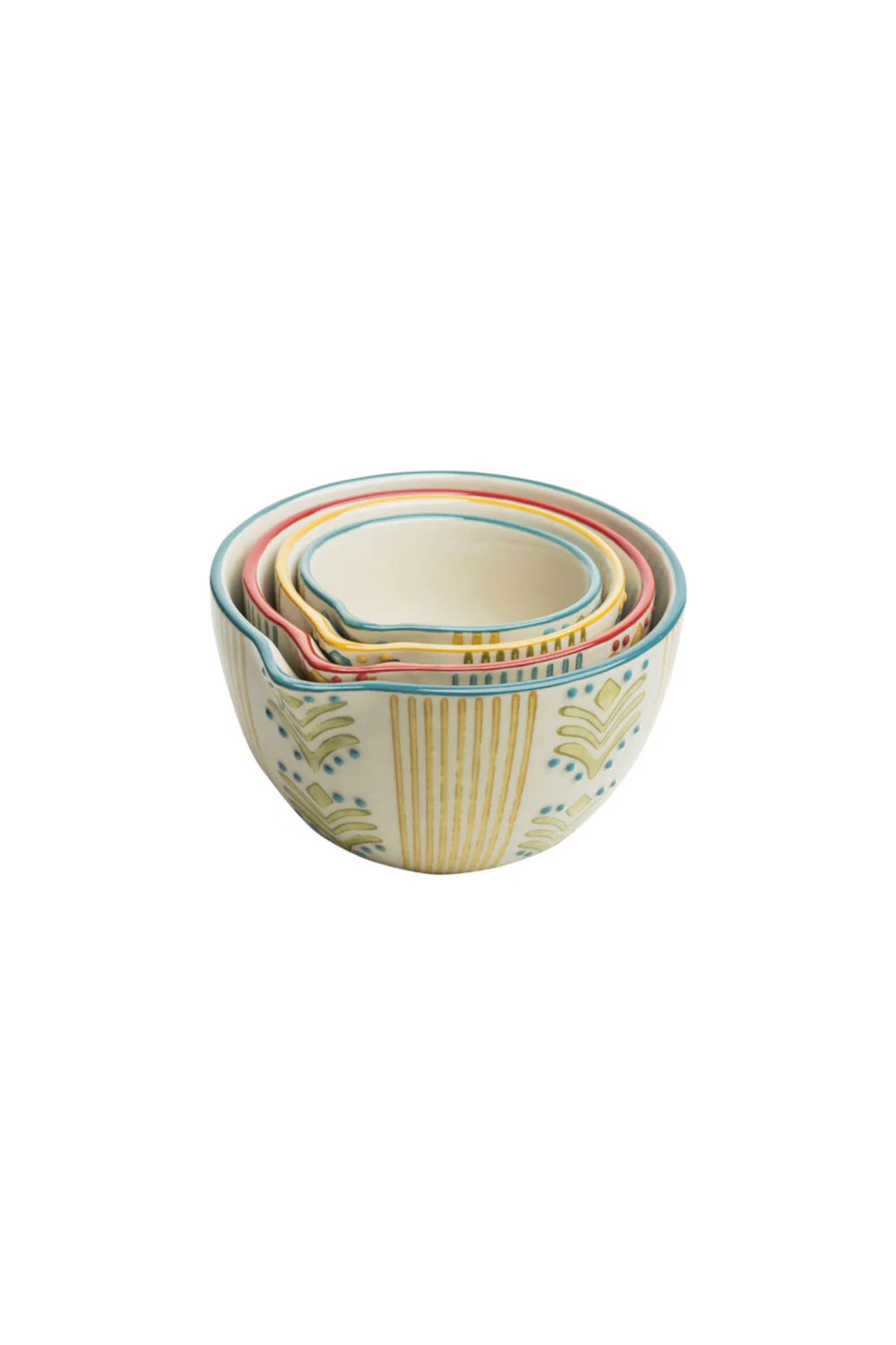 Set of four colorful ceramic jugs stacked on a white background