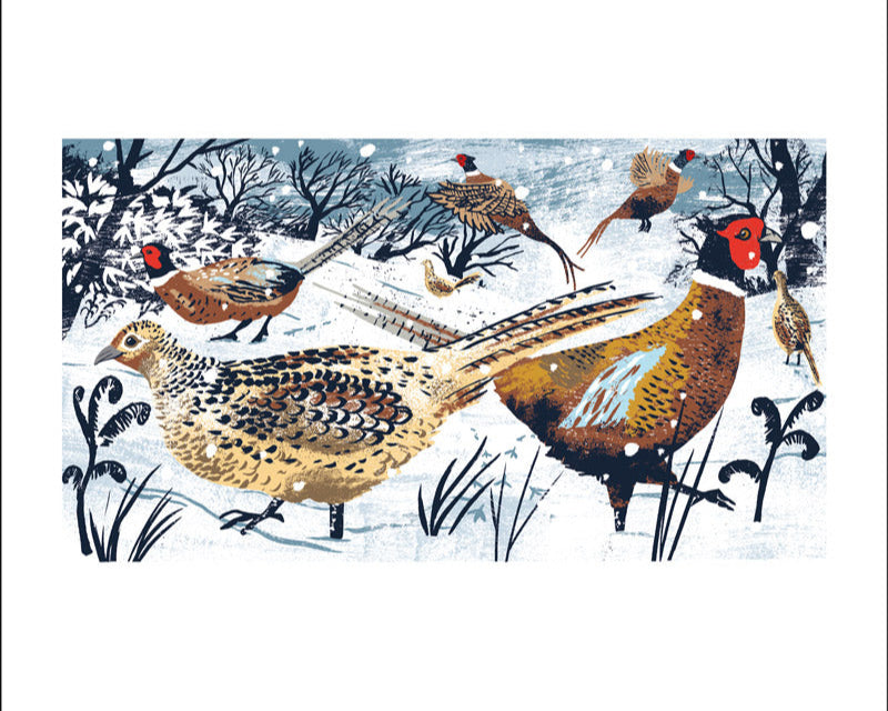 Illustration of pheasants in a snowy landscape