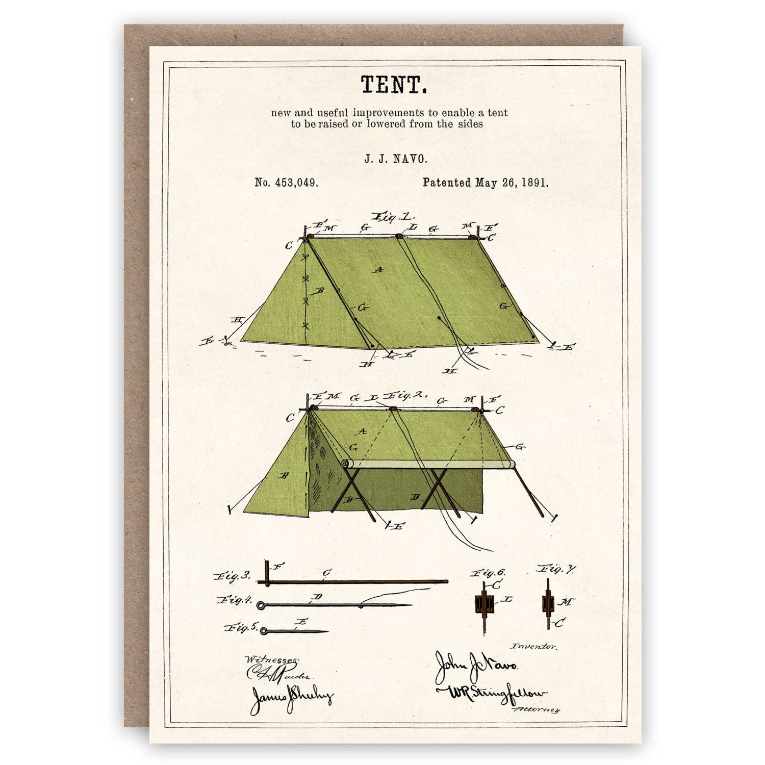 Greetings card of a Vintage-style tent patent illustration on a white background