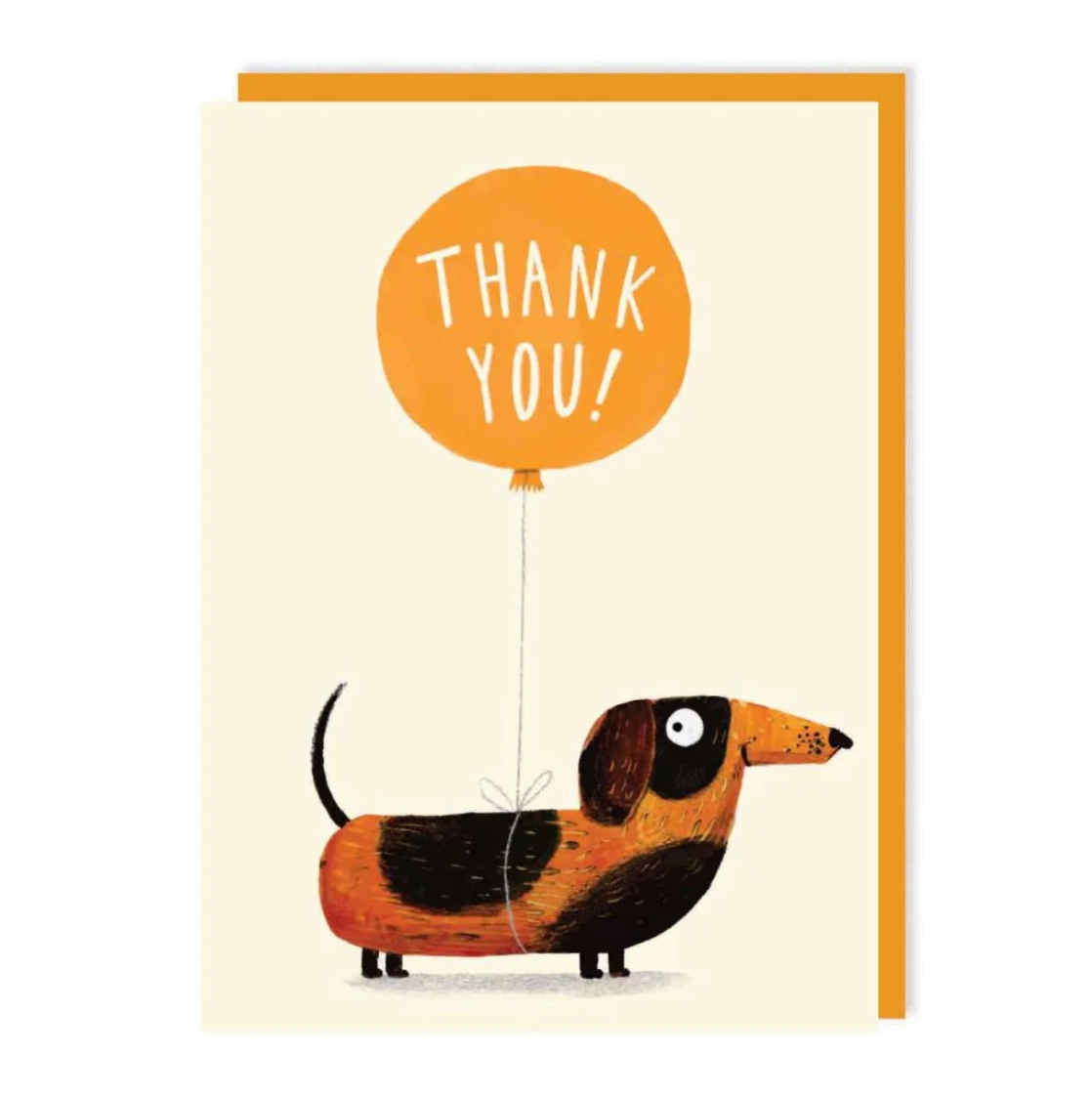 An illustrated card featuring a dachshund carrying a yellow balloon which reads “THANK YOU!’ In capitalised text.