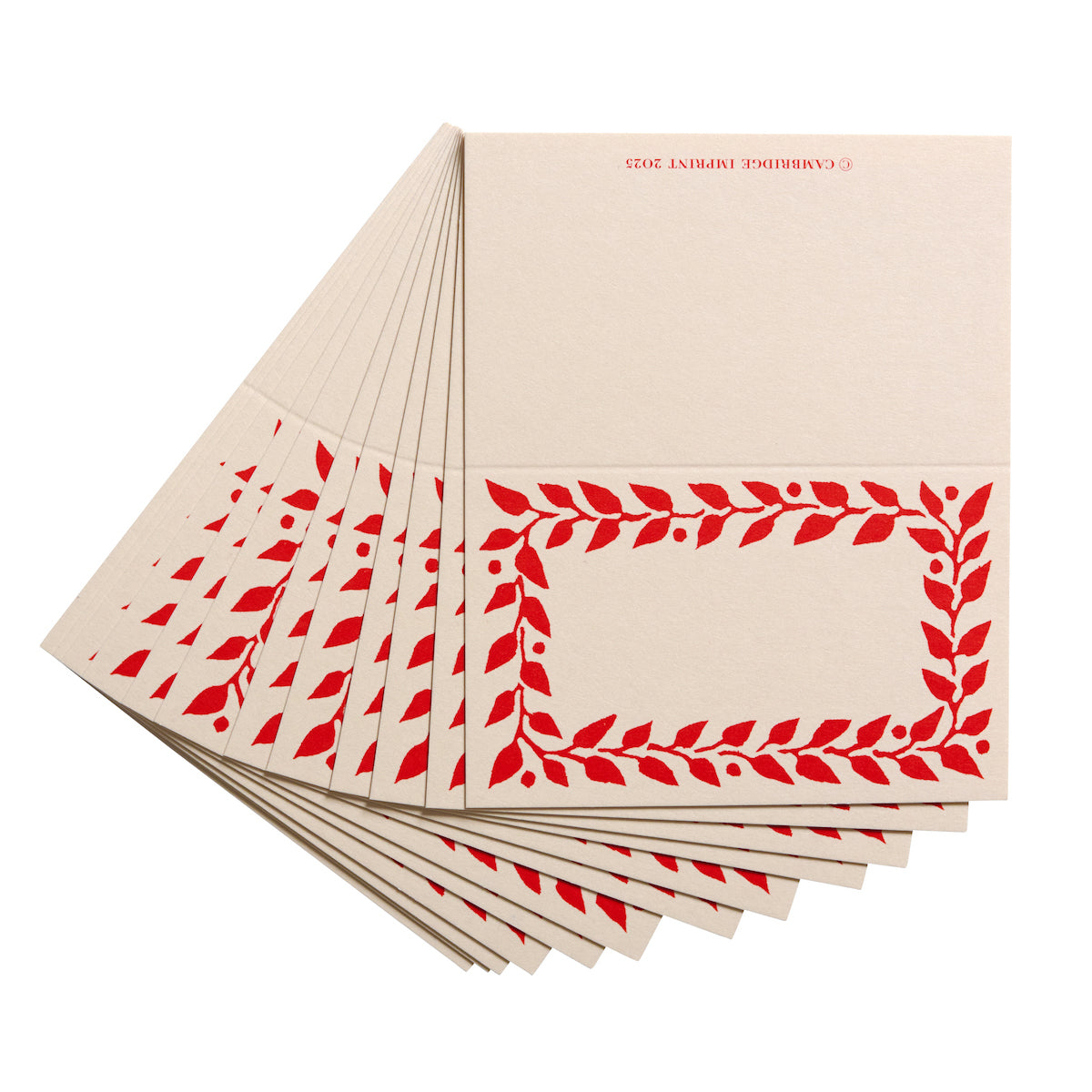 Beige envelopes with red leaf pattern on a white background
