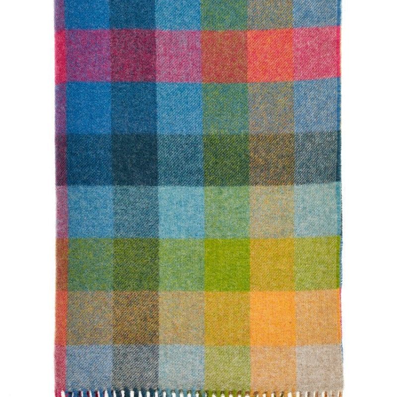 Multicolored checkered blanket with fringes on a white background