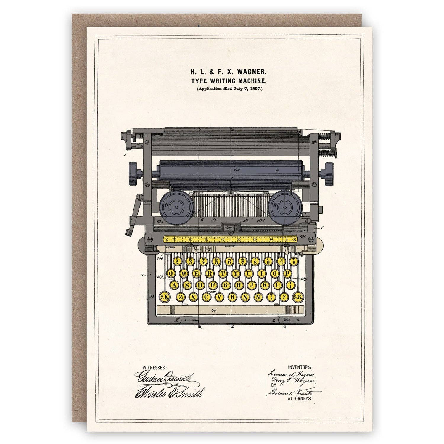 Vintage-style typewriter illustration on a beige background with text