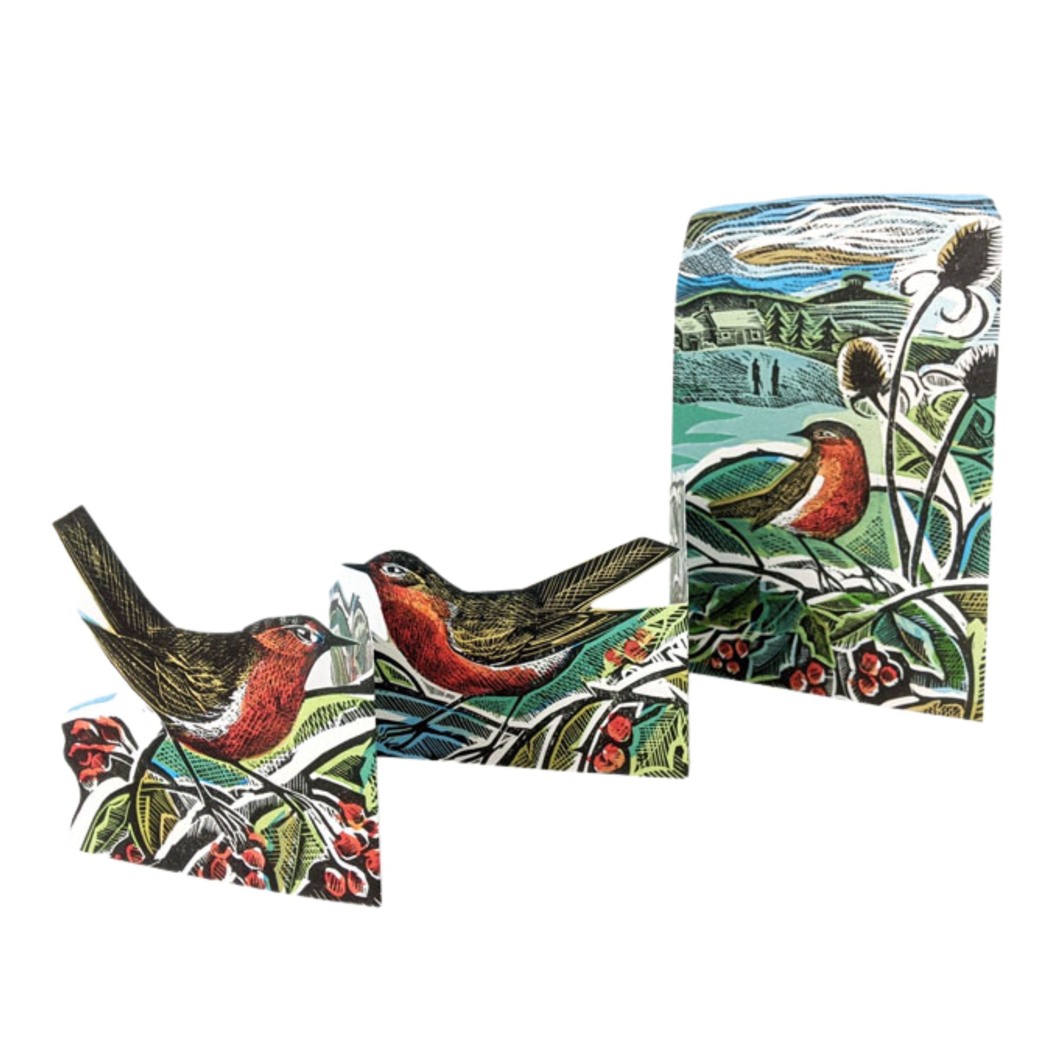 Robins and Teasels trifold greetings card by Angela Harding.
