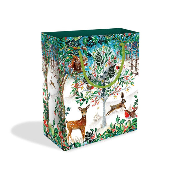 Gift bag with green cord handles and round tag. Design is a colourful snowy scene with winter trees, stars and woodland animals.