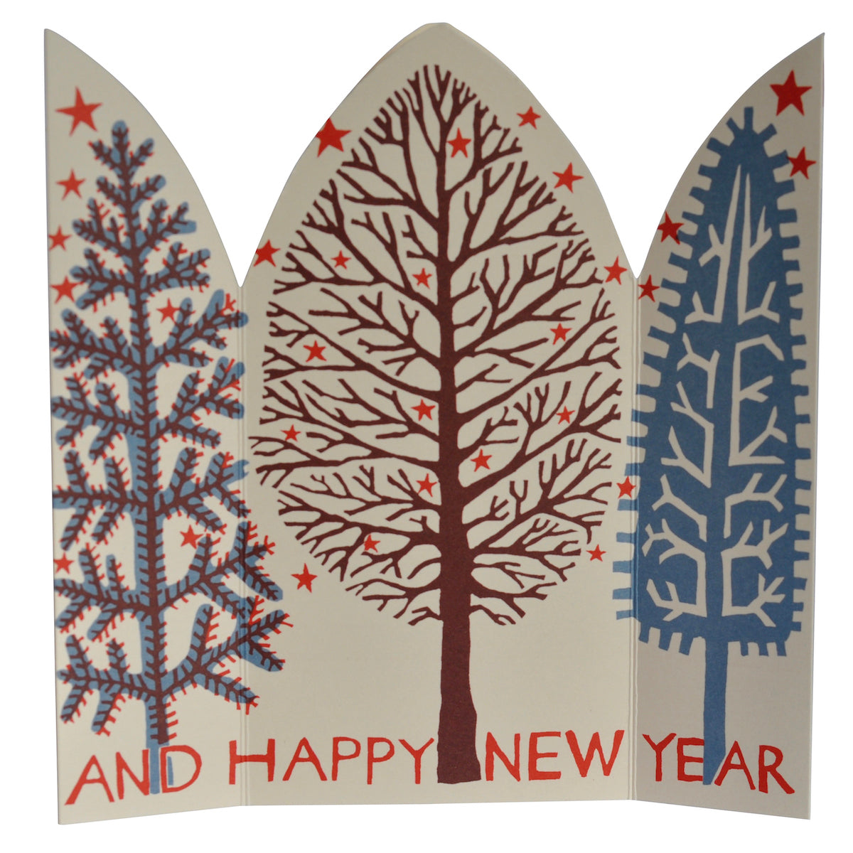 Three stylized trees with 'And Happy New Year' text on a white background