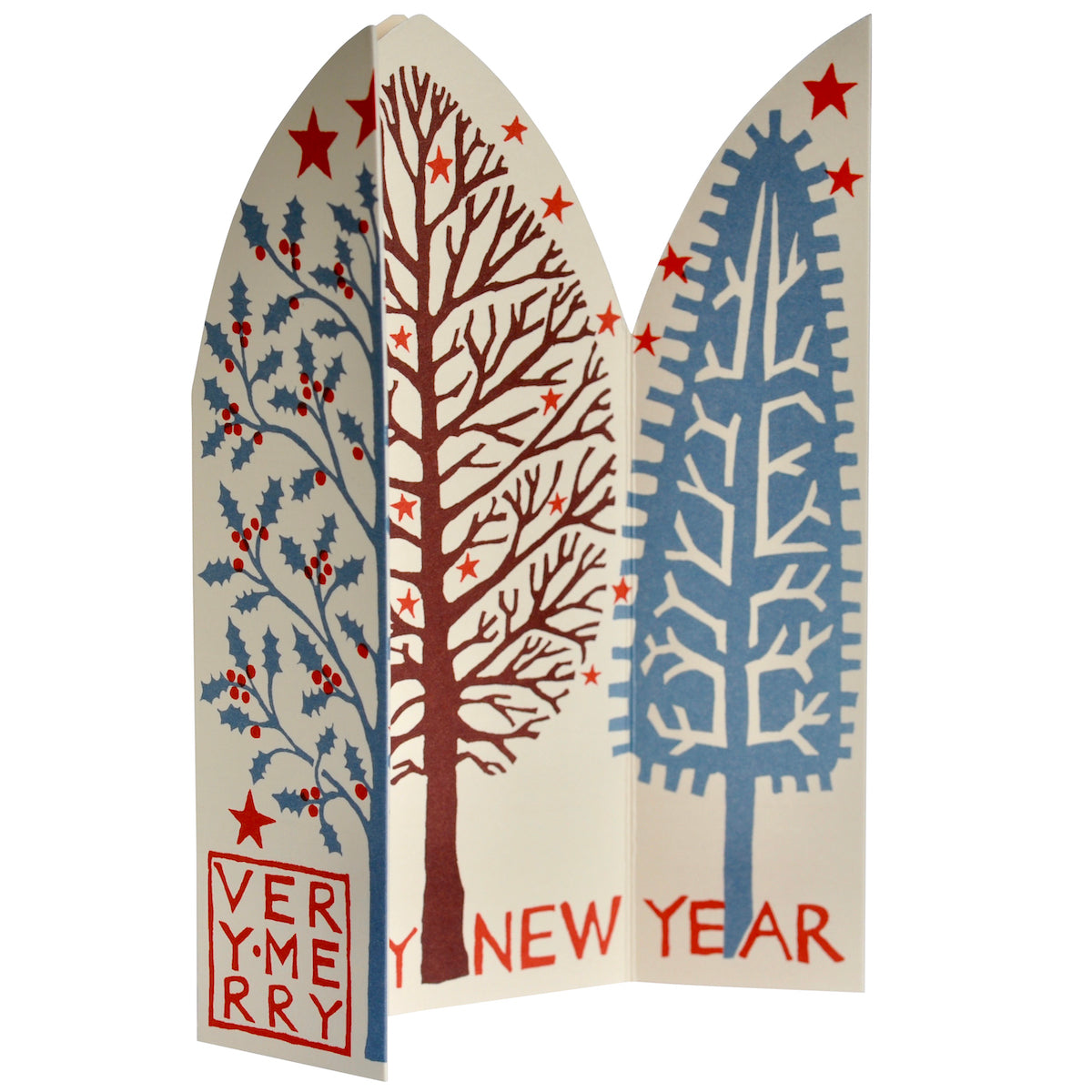 Three stylized trees with 'And Happy New Year' text on a white background