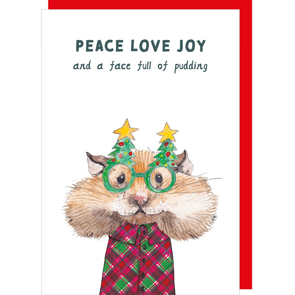 Card with a festive illustration of a hedgehog wearing Christmas tree goggles and plaid pajamas, with text 'Peace Love Joy and a face full of pudding'.