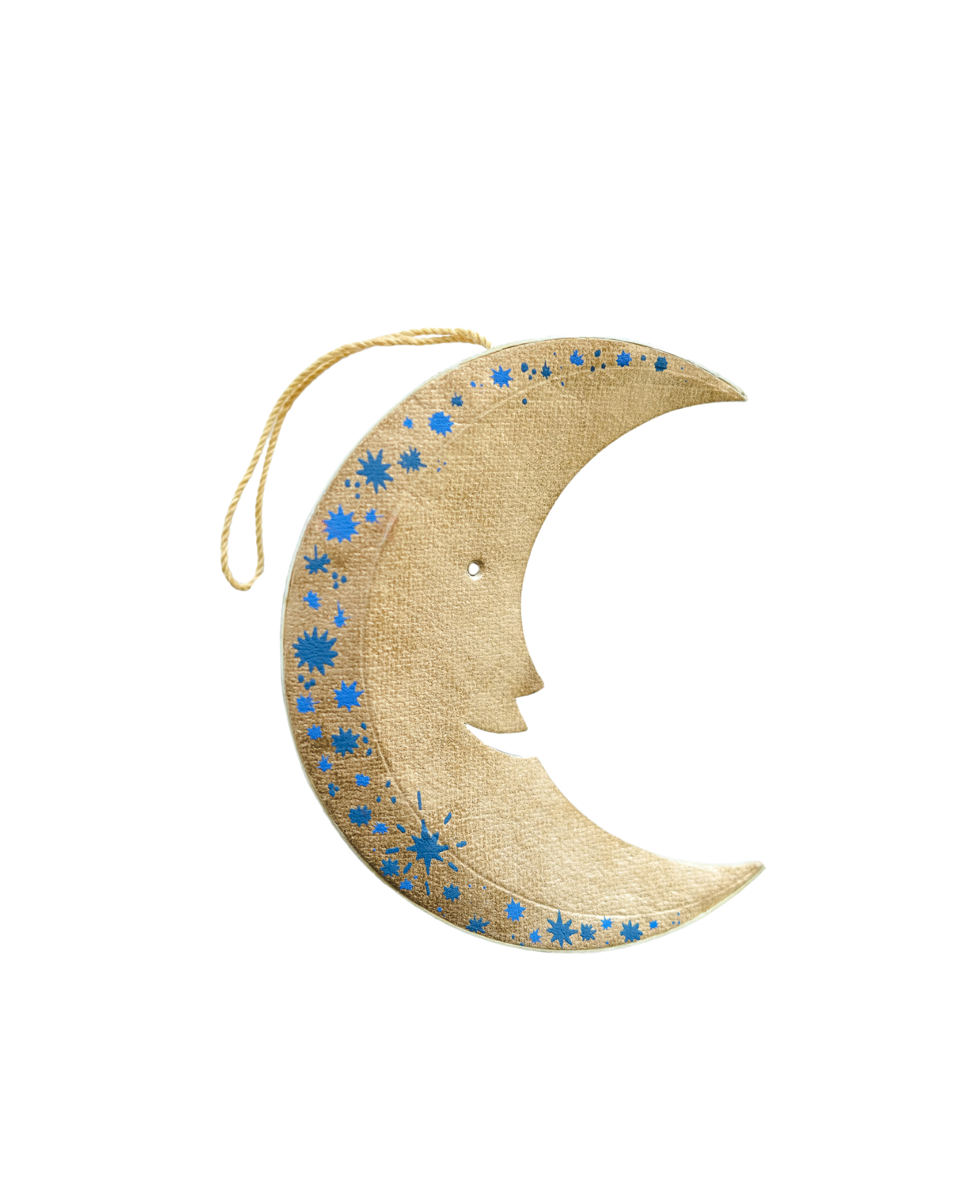 Decorative moon-shaped hanging ornament with blue star patterns on a white background