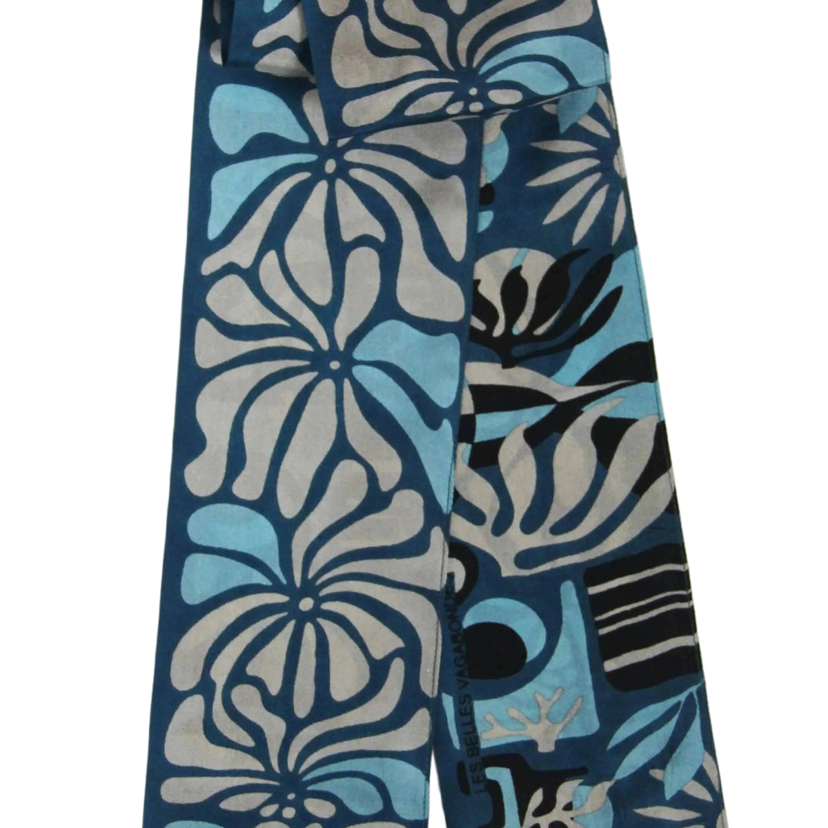 Blue and gray patterned scarf on a white background