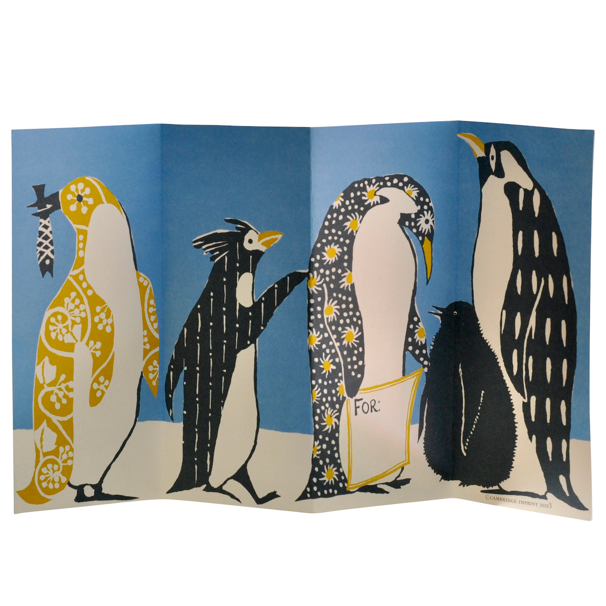 Foldable card with penguin illustrations on a blue background