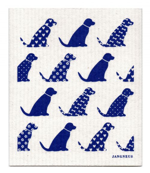 White cloth with blue dog patterns and 'Jangneus' branding