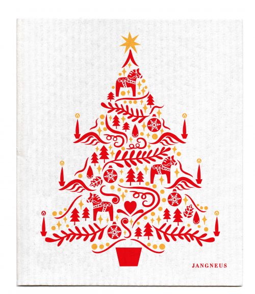 Decorative kitchen towel with a red Christmas tree design on a white background