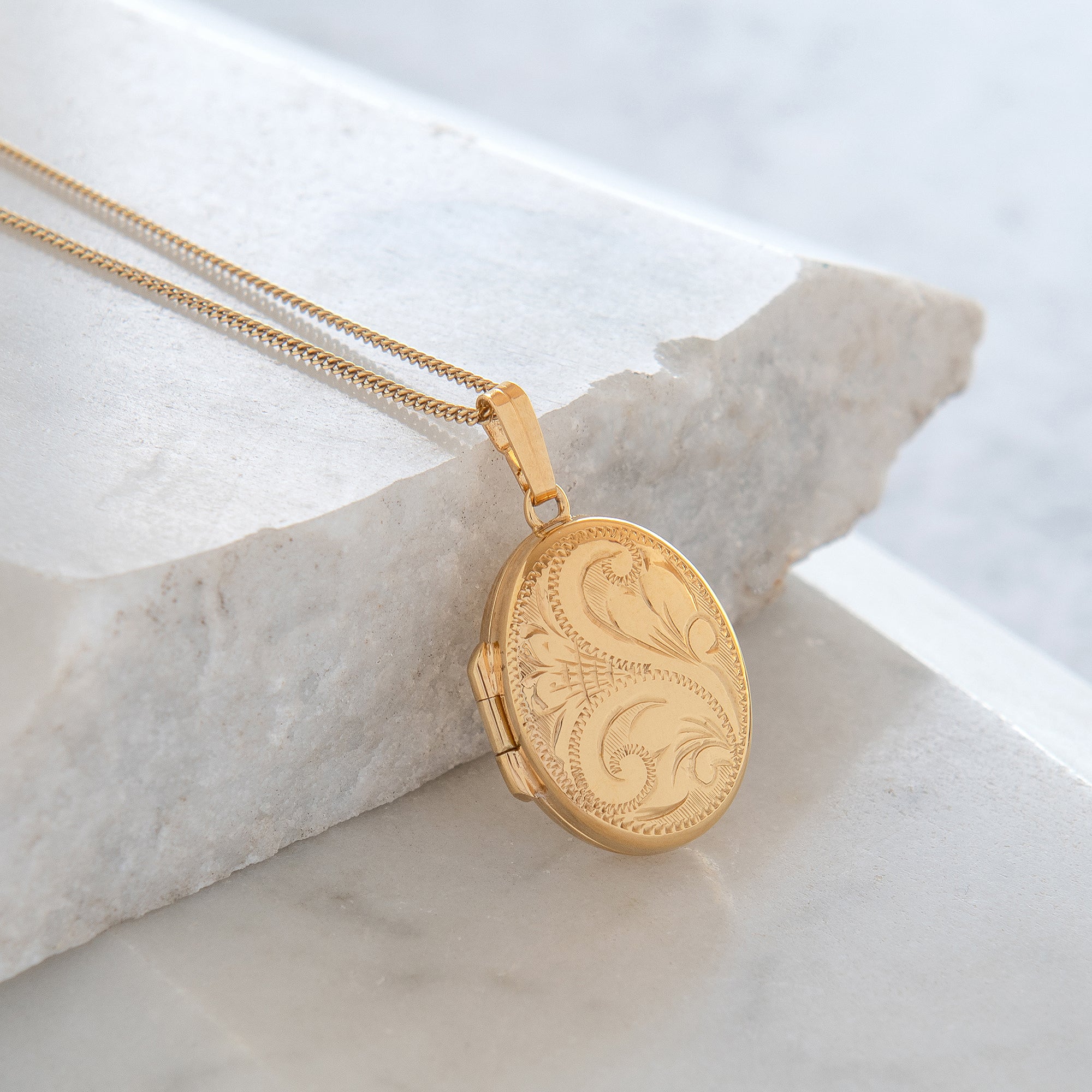 Engraved Oval Locket Necklace Rolled Gold